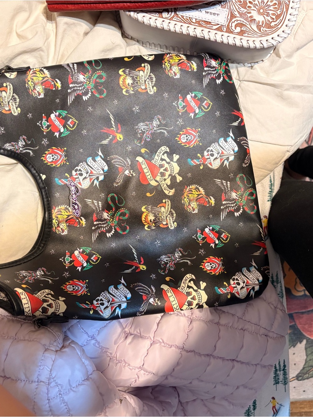 Ed Hardy Black Tattoo-Print Shoulder Bag with Multicolor Motifs